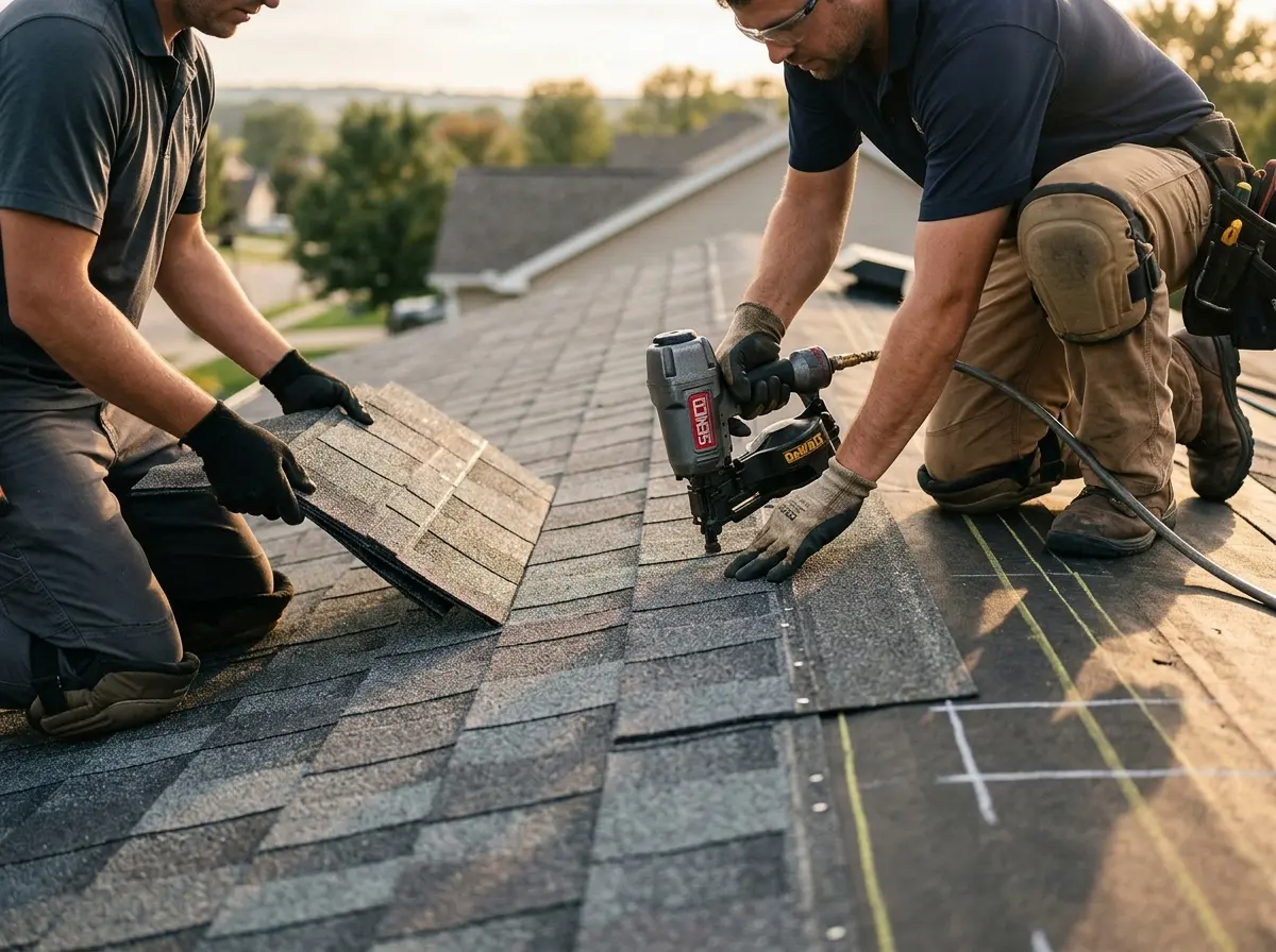 Professional roofer working on a residential roof in East Cocalico